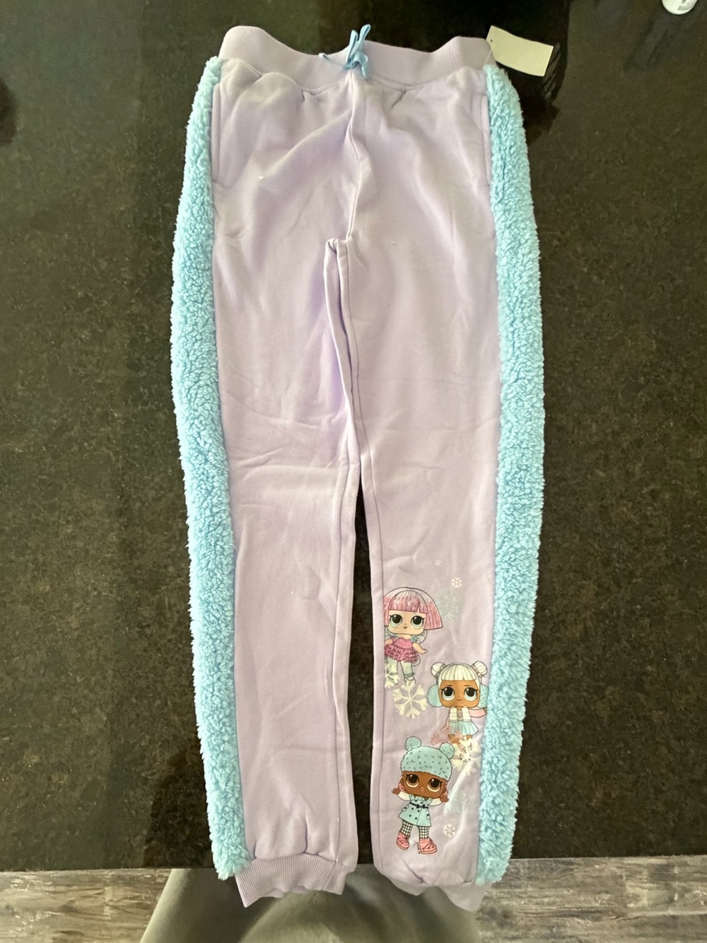 Girls' Lavender Joggers with Light Blue Sherpa Side Panels